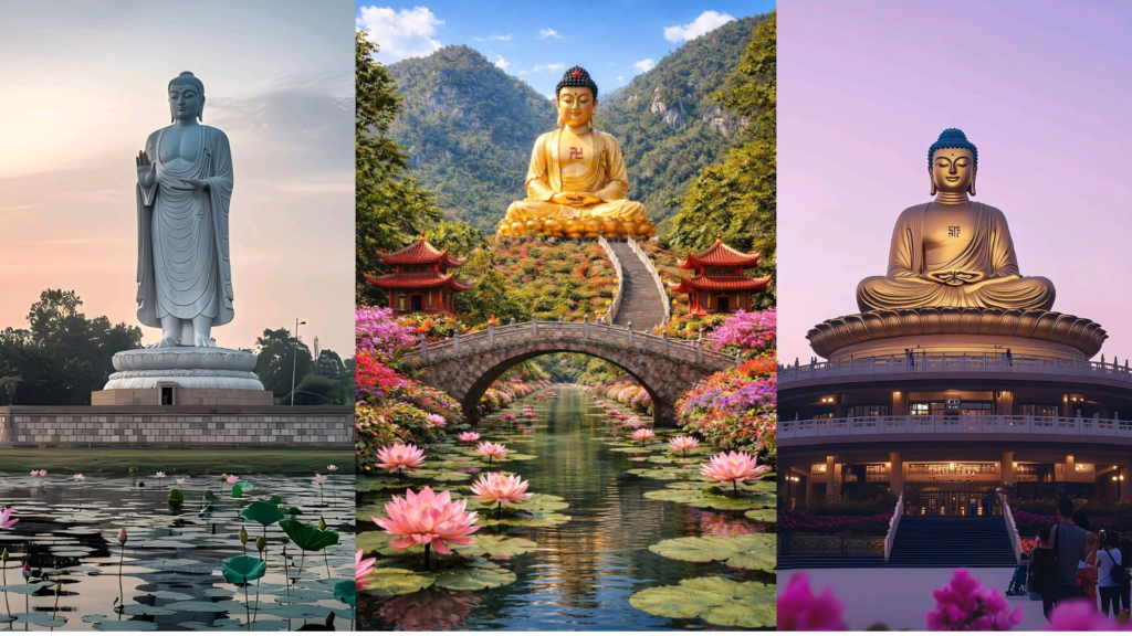 Thi công tượng Phật tại Ninh Bình – Thiết kế và thi công tượng tâm linh quy mô lớn 3 tượng Phật ngoài trời Ninh Bình