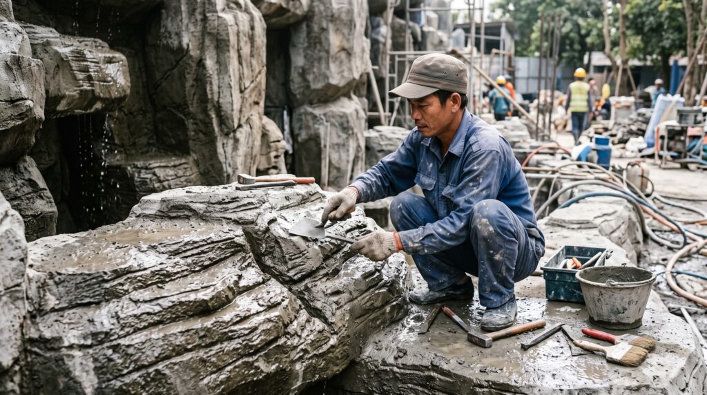 Nghệ nhân tạo hình đá khi thi công thác nước nhân tạo