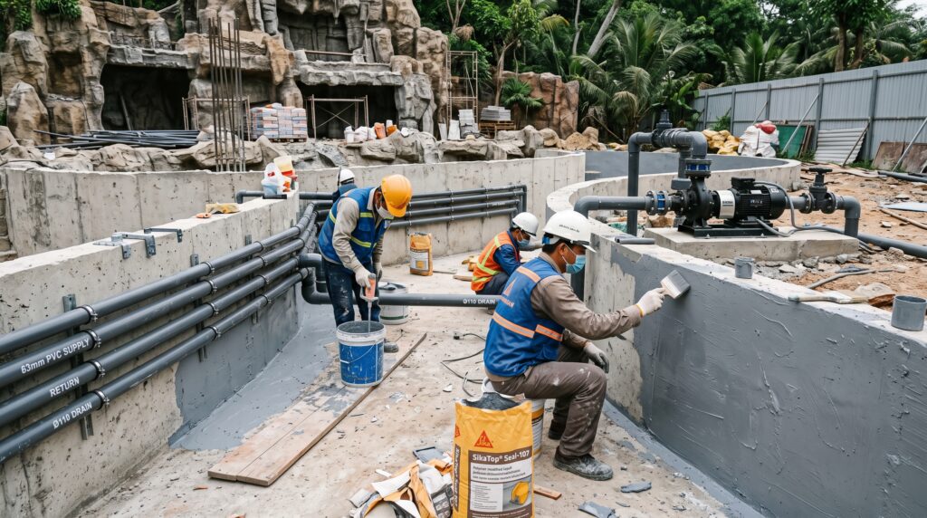Thi công chống thấm và hệ thống tuần hoàn nước cho thác nước nhân tạo